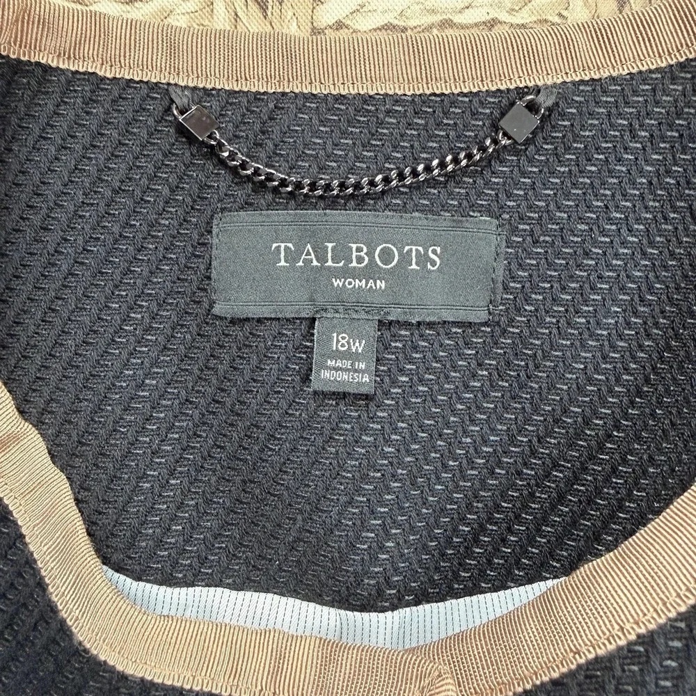 Talbots Tweet Coat Jacket Women's Snap Pocket Black Tan Trim Cotton Blend SZ-18W